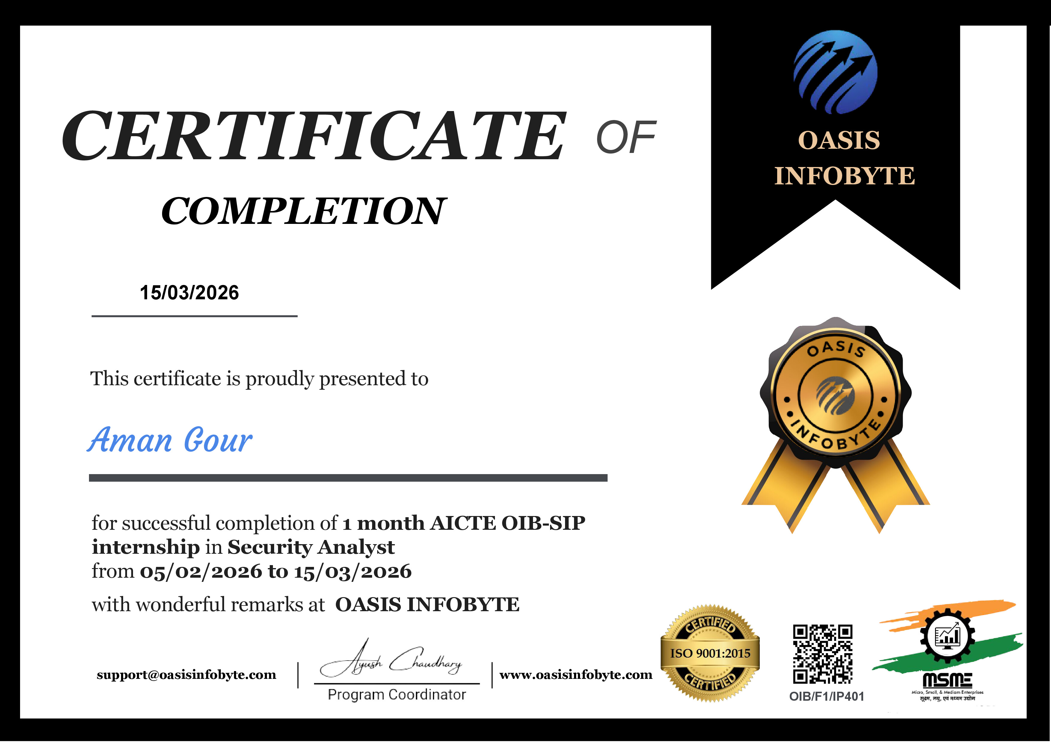 OASIS Completion Certificate